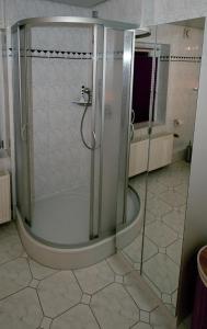 La salle de bains est pourvue d'une douche avec une porte en verre. dans l'établissement Ferienwohnung am Sandbarg, à Jesteburg