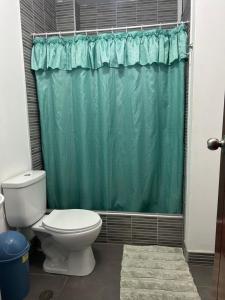 a bathroom with a toilet and a green shower curtain at Lindo apartamento en Huanchaco, con vista al mar in Huanchaco +19 photos