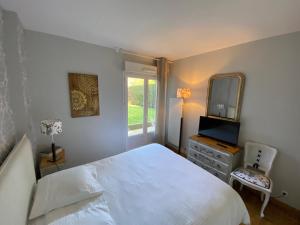 um quarto com uma cama, um espelho e uma televisão em Appartement Cosy, tout confort, à deux pas de la mer em Deauville