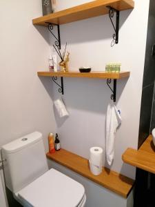 a bathroom with a white toilet and wooden shelves at Apartament KUBIKS SADY in Malbork