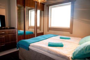 1 dormitorio con 1 cama grande y espejo en Villa Hapero, en Mikkeli