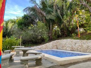 a swimming pool with two benches and a stone wall at Sámara Tarantela Houses, Casa Coyol in Sámara