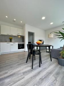 a kitchen and living room with a black table and chairs at Tea Apartment in Ljubljana