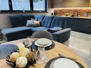 希萊辛的住宿－Balans nad Jeziorem，客厅配有蓝色的沙发和桌子