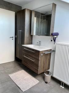 a bathroom with a sink and a mirror at FeWo Weitblick in ruhiger und gemütlicher Lage in Oberteuringen