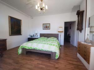 1 dormitorio con 1 cama con edredón verde y blanco en Pri Noni "IstraCycle" en Lucija