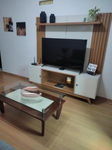 uma sala de estar com uma televisão e uma mesa de centro em Apartamento confortavel Centro de Teresopolis. NOVO em Teresópolis