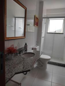 a bathroom with a sink and a toilet and a mirror at Apartamento confortavel Centro de Teresopolis. NOVO in Teresópolis