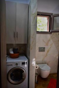 a small bathroom with a washing machine and a toilet at Dolphins House in Lixouri