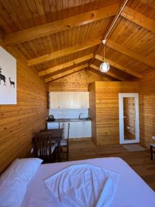 a room with a bed and a kitchen in a cabin at Jupis Chalet-City View Getaway in Durrës