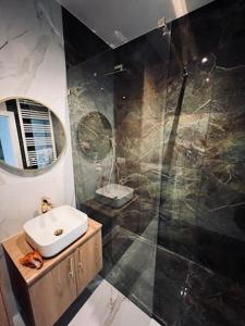 a bathroom with a sink and a shower at Golden Apartment Lodz, Zdrowie in Łódź
