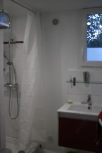 a bathroom with a shower and a sink at La Villa K NARD au centre de Saint Trojan in Saint-Trojan-les-Bains
