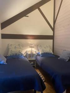 duas camas num quarto com lençóis azuis e um candeeiro em Le Chai Maison de charme pour tribu joyeuse em Le Château-dʼOléron