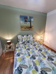 a bedroom with a bed with a blue and green bedspread at Rodez centre ville, Parking gratuit in Rodez
