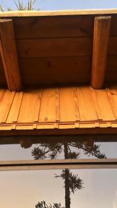 a wooden platform with a reflection of a tree at Yahoo ecolodge in Bocaina do Sul