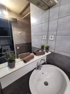 La salle de bains est pourvue d'un lavabo blanc et d'un miroir. dans l'établissement Rodez centre ville, Parking gratuit, à Rodez