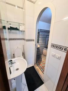La petite salle de bains est pourvue d'un lavabo et d'une douche. dans l'établissement Tanger Malabata, à Tanger