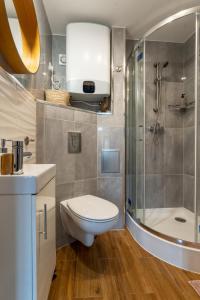 uma casa de banho com um WC, um chuveiro e um lavatório. em Apartament Ratuszowy - Przytulny, w ścisłym Centrum - Space Apart em Jelenia Góra