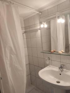 uma casa de banho com um lavatório e uma cortina de chuveiro em M.V Apartment em Atenas