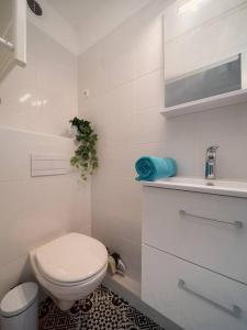 a white bathroom with a toilet and a sink at Appartement tout équipé terrasse parking privatif in Six-Fours-les-Plages