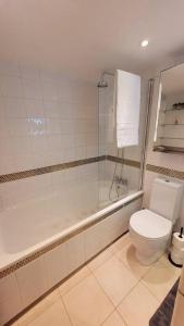 a bathroom with a shower and a toilet and a tub at Spacious 2 bedroom flat in Baker street in London