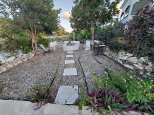 a garden with a bench and a fountain and flowers at Villa Serenity by the Water in Providenciales