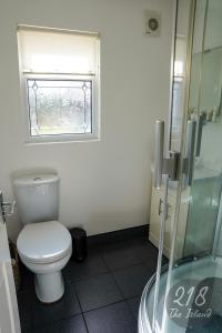 a bathroom with a toilet and a window at The Cabin, Glan Gwna in Caernarfon