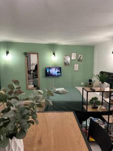 a living room with green walls and a tv on the wall at Apartment Avareén Verde Old-town 150m to the Sea in Rovinj