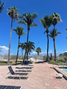 une rangée de chaises et de palmiers à côté d'une piscine dans l'établissement Charming Studio City View!, à Miami Beach