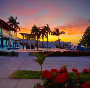 puesta de sol en un complejo con palmeras y flores en Hotel Castillo del Mar, en Ríohacha