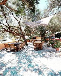 a group of tables and chairs under a tree at Villa ANTONIA in Calvi