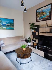 ein Wohnzimmer mit einem Sofa und einem Couchtisch in der Unterkunft Napier Apartment in Argostoli