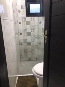a bathroom with a toilet and a shower at Cabana Brisa Do Valle in Urubici