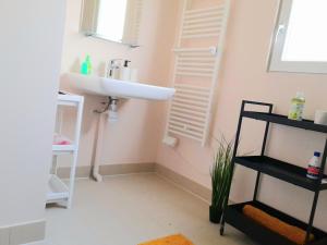 a bathroom with a white sink and a shelf at L'îlot - Cosy moderne avec parking in Bourges