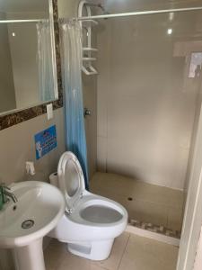 een badkamer met een toilet, een wastafel en een douche bij Summit Viewpoint House San Blas in Cuzco