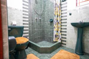 um banheiro com chuveiro, vaso sanitário e pia em Cusco Rooms em Cusco