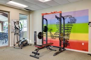 a gym with three tread machines and a colorful wall at Charming Patterson Condo with Grilling Stations in Patterson