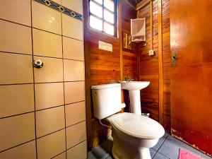 a bathroom with a toilet and a sink at Chalé do Beijo in Nazaré Paulista