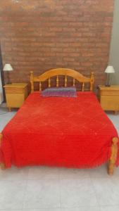 サンフアンにあるDepartamento capital uaqのベッドルーム1室(木製ベッド1台、赤い毛布付)