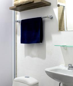 bagno con servizi igienici, lavandino e asciugamano blu di Departamento El Marino a Mazatlán