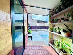 a glass door leading to a patio with potted plants at とぅも～る in Ishigaki Island