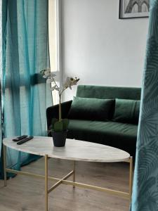 uma sala de estar com uma mesa com uma planta em Studio cosy em Le Mée-sur-Seine