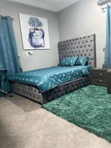 een bed in een kamer met een groen tapijt bij Cozy penthouse ,Accra Ghana in Owuraman