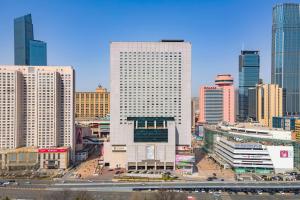大连大连瑞诗酒店的拥有高楼大厦和高速公路的城市天际线