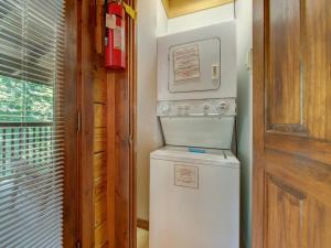 a small white refrigerator in a room with a window at Buckhorn, 2 Bedrooms, Sleeps 6, WiFi, Jetted Tub, Fireplace, Hot Tub in Gatlinburg