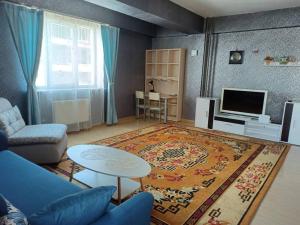 a living room with a blue couch and a rug at OUNT-Central location, spacious, cozy and secure in Ulaanbaatar