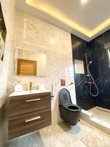 a bathroom with a black toilet and a sink at Mariaddo homes in Accra