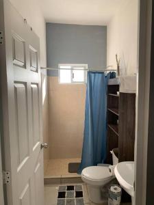 a bathroom with a toilet and a blue shower curtain at Vista Pacífico Ocean Front in Cabo San Lucas