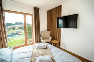 een hotelkamer met een bed, een stoel en een televisie bij Family apartment Kubínska Hoľa in Dolný Kubín