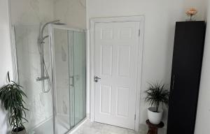 uma casa de banho com um chuveiro e uma porta branca em Ashlee Lodge P25 K6R6 em Shanagarry
